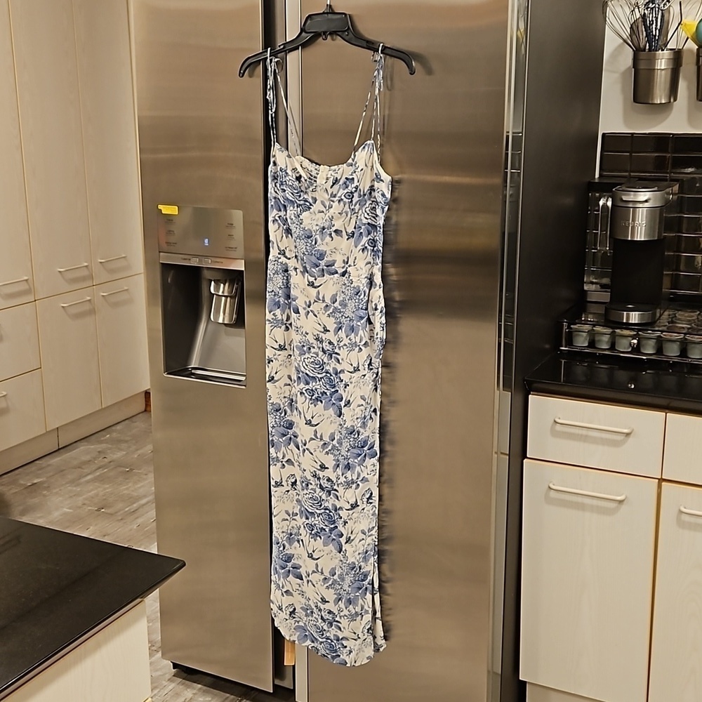 💕REFORMATION💕 Kourtney Dress ~ Pompadour Blue Floral Bird Print 4 NWT - Picture 9 of 16